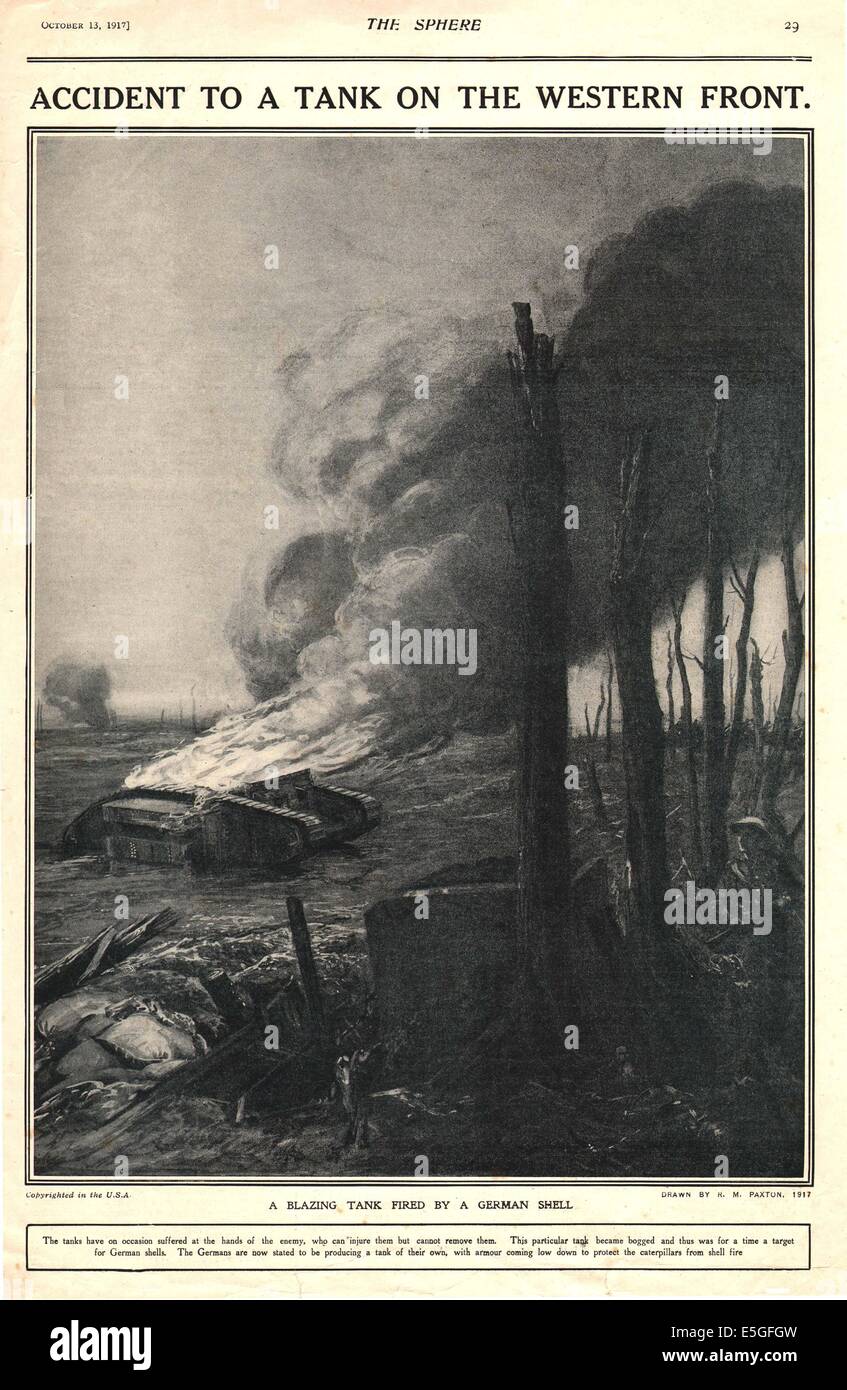 1917 La sphère page montrant illustration d'un tank en action Banque D'Images