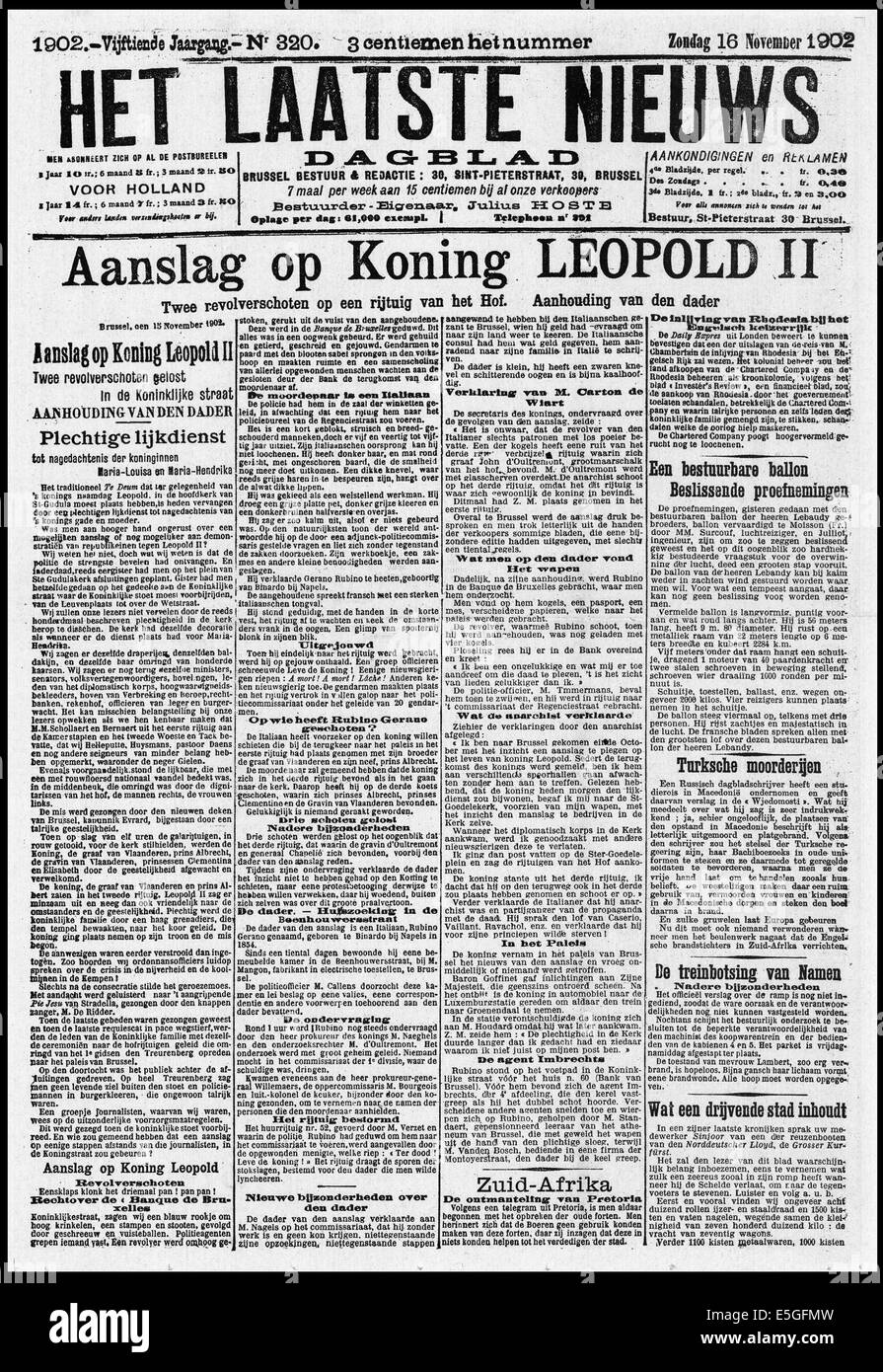 1909 Het Laatste Nieuws front page signalé la tentative d'assassinat sur le roi Léopold II de Belgique Banque D'Images