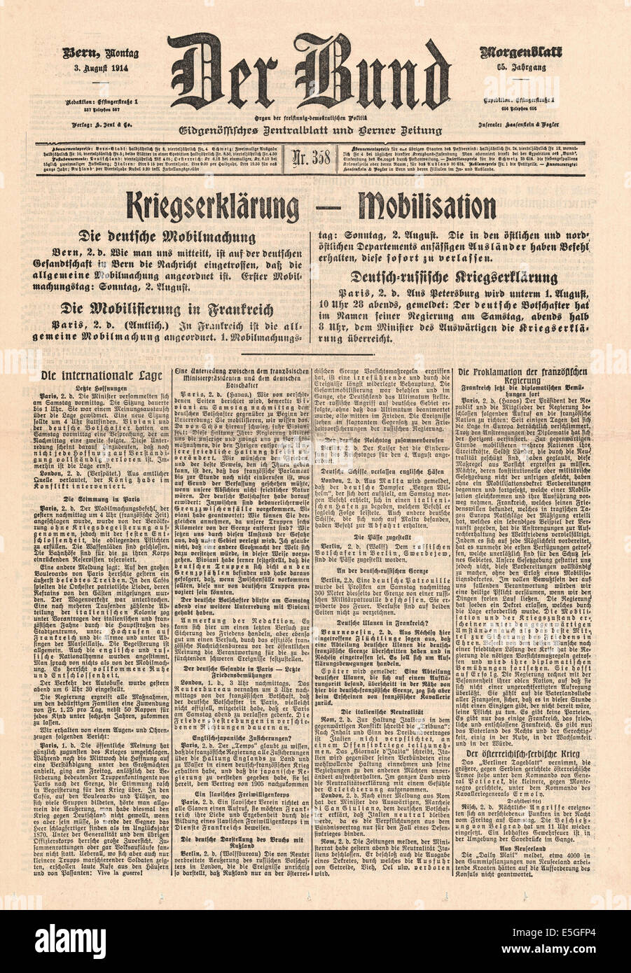 1914 Der Bund (Suisse) rapport page avant la déclaration de guerre de l'Allemagne sur la Russie Banque D'Images