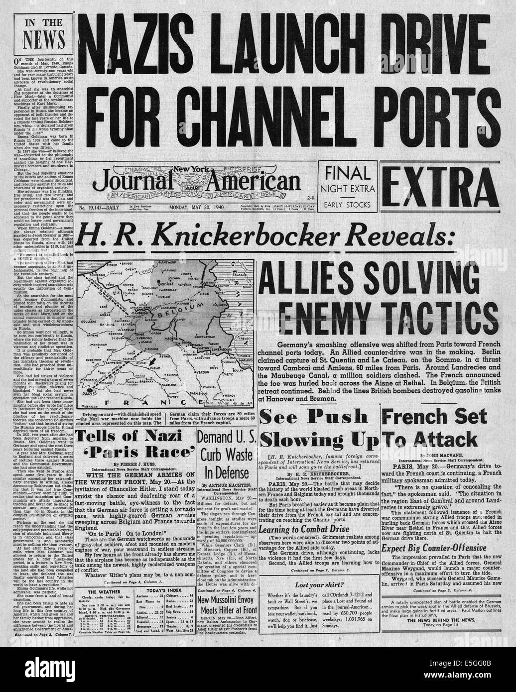 1940 New York Journal American Front Page Les Lecteurs De L Armee Allemande Pour L Anglais Channel Ports En France Et Belgique Photo Stock Alamy