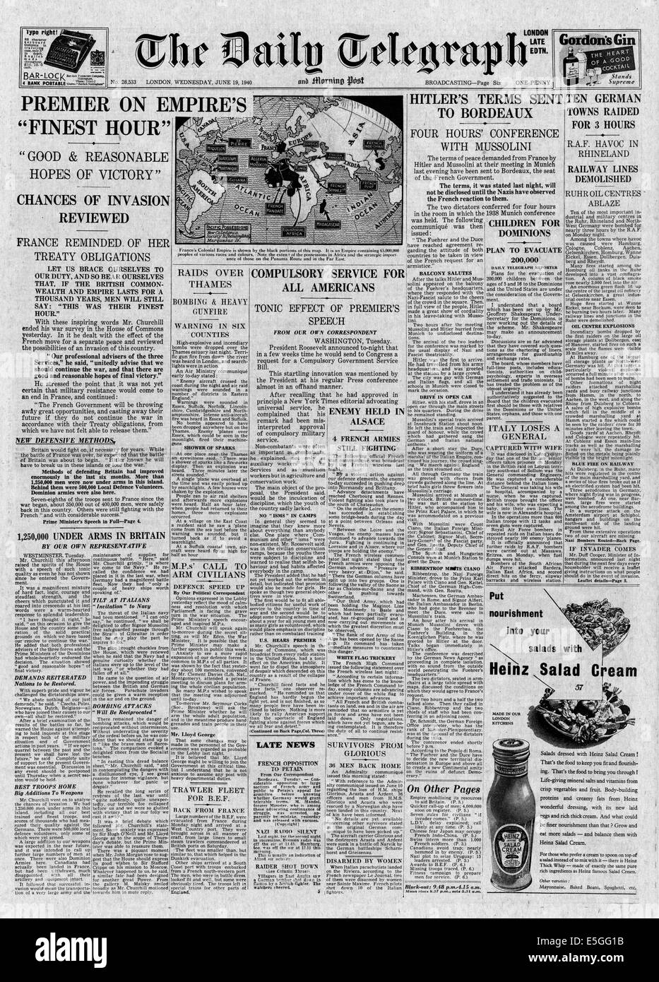 1940 Daily Telegraph/la page déclaration plus belles heures discours de Winston Churchill Banque D'Images