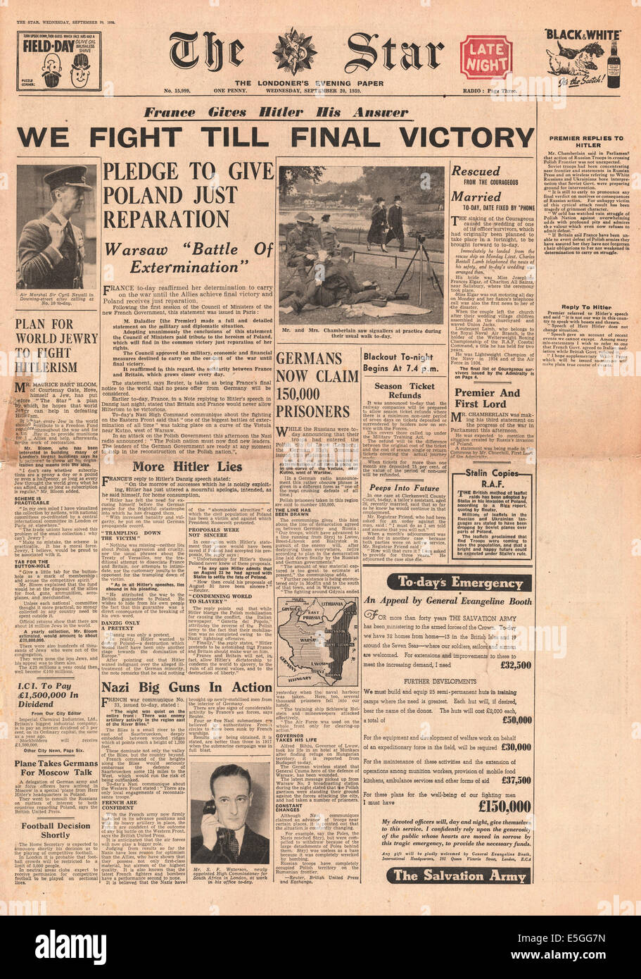 1939 L'Étoile (Londres) la page déclaration avant premiere Français Daladier décisions discours de défi Banque D'Images