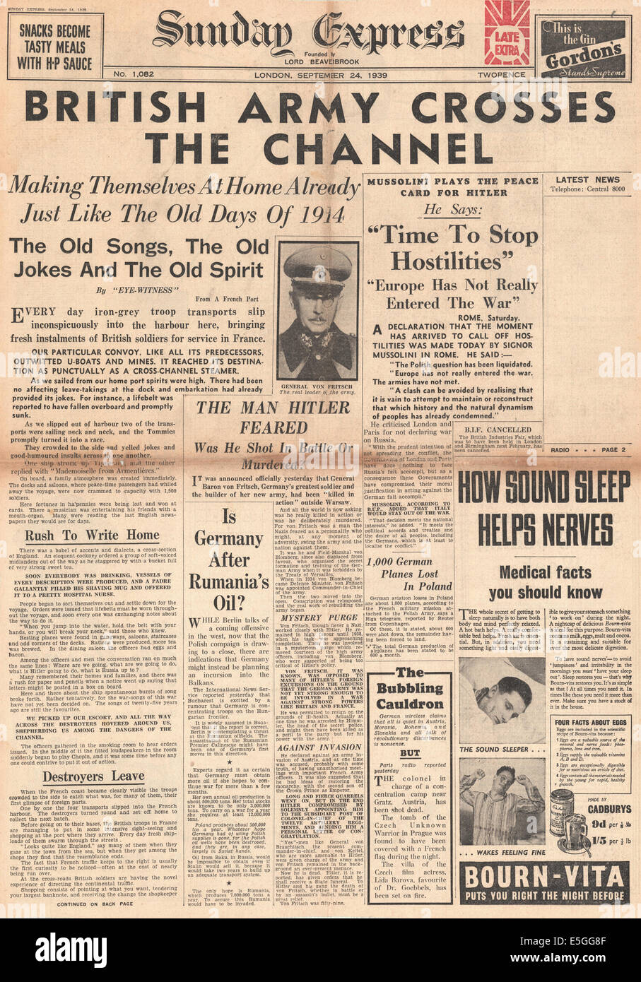 1939 Sunday Express/la page déclaration de l'armée britannique, traverser la Manche et la mort du général Werner von Fritsch Banque D'Images