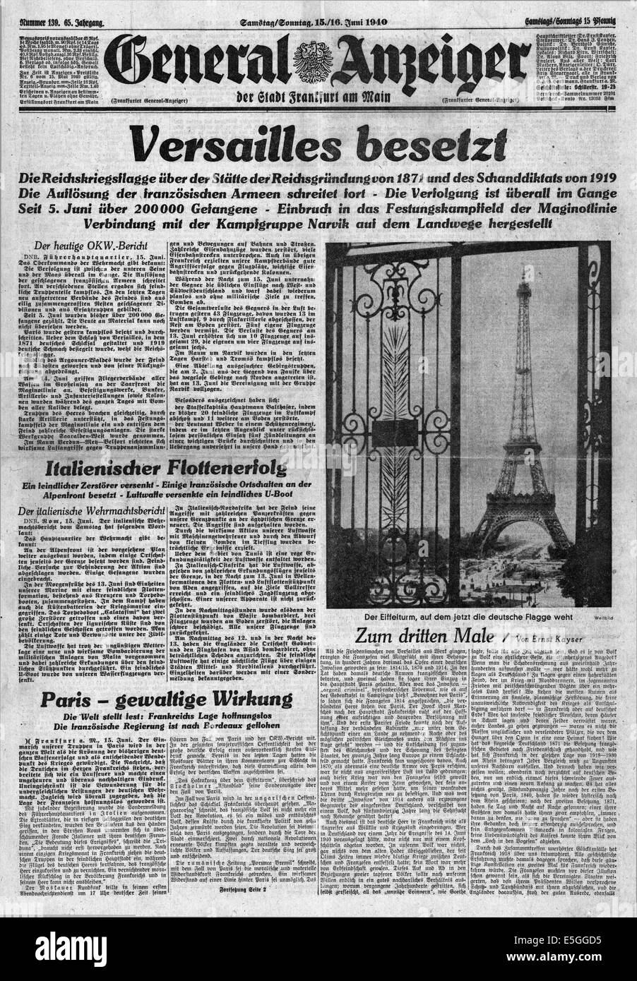 1940 General Anzeiger (Allemagne) page de présentation de rapports de l'automne, les forces allemandes à Versaille Banque D'Images