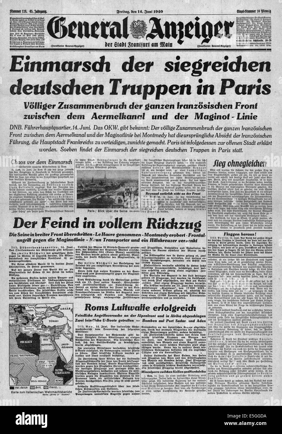 1940 General Anzeiger (Allemagne)/la page déclaration tombe à Paris les forces allemandes. Sous le titre "Les troupes allemandes victorieuses en mars Paris' Banque D'Images