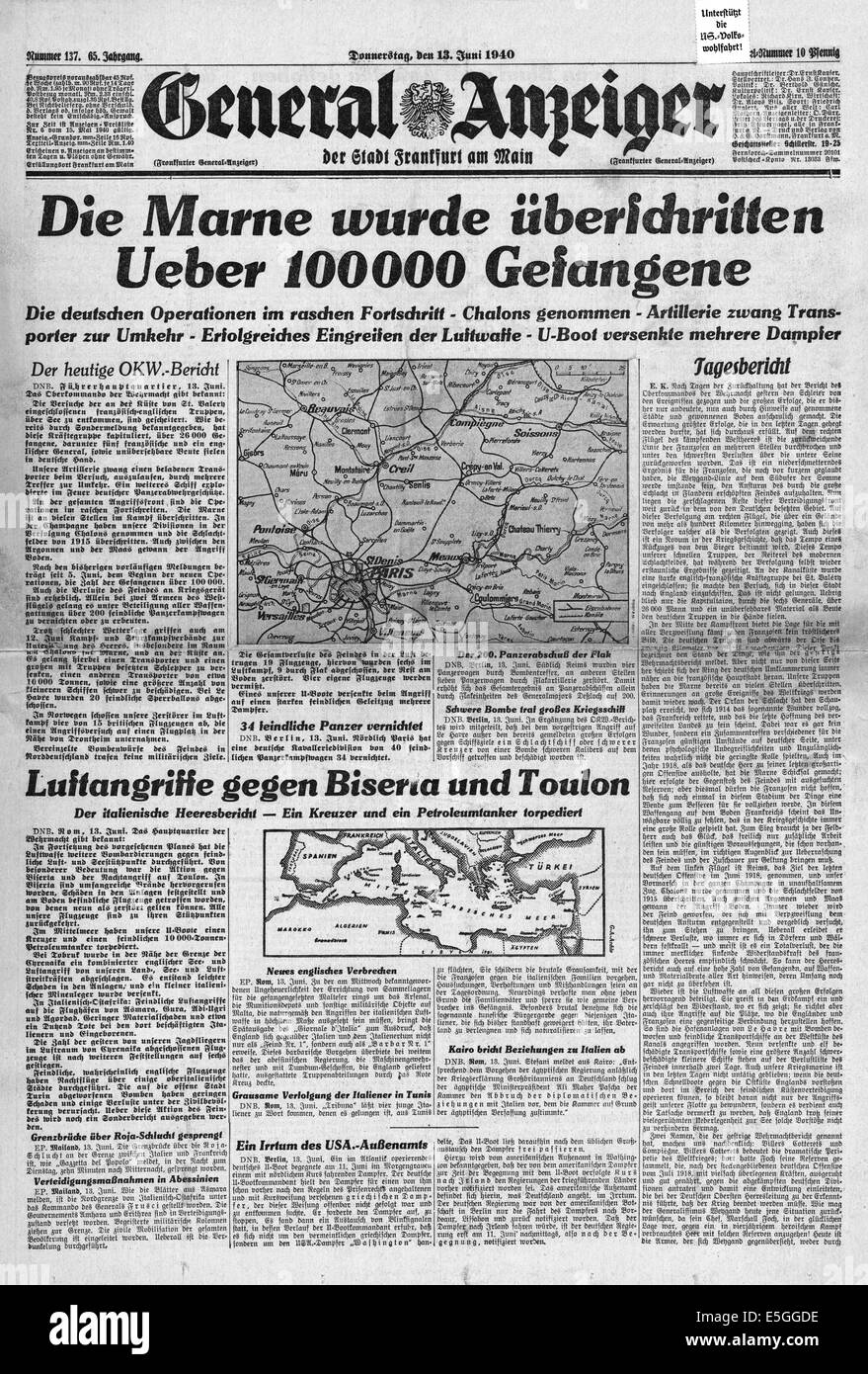 1940 General Anzeiger (Allemagne)/la page déclaration les forces allemandes traversent la rivière Marne. Titre lit 'Marne croisés et des prisonniers 100 000 Banque D'Images