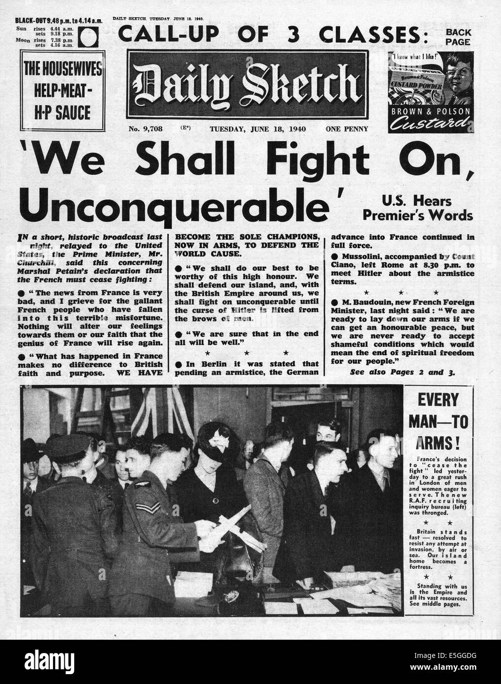 1940 Daily Sketch page Discours Churchill rapport 'Nous nous battrons sur et invincible' Banque D'Images