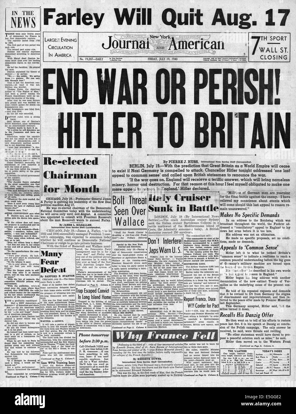 1940 New York Journal-American Rapports page d'Adolf Hitler Reichstag discours faisant appel à la Grande-Bretagne d'entendre raison et de mettre fin à la guerre Banque D'Images