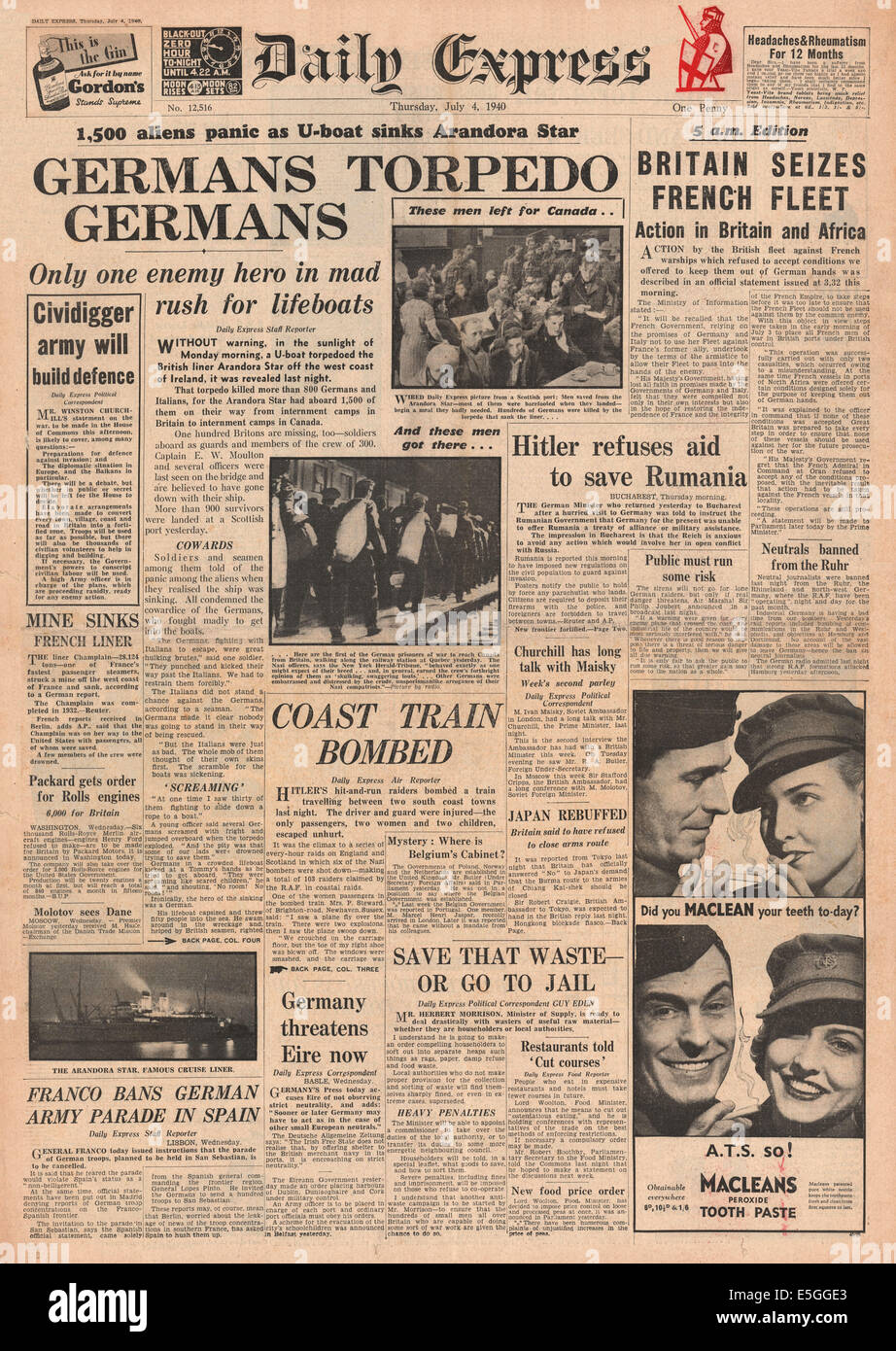 1940 Daily Express/la page déclaration sous-marin allemand U-47 les puits de troupes Arandora Star allemand et italien transportant des prisonniers de guerre et internés Banque D'Images