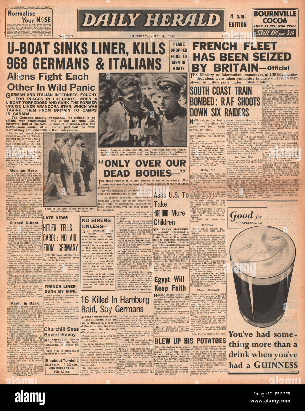 1940 Daily Herald/la page déclaration sous-marin allemand U-47 les puits de troupes Arandora Star allemand et italien transportant des prisonniers de guerre et internés Banque D'Images