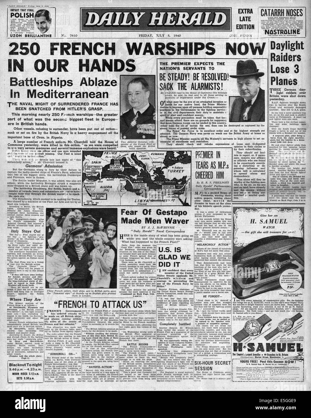 1940 Daily Herald/la page déclaration Marine française attaquée par Royal Navy à Oran (Mers-el-Kebir) Banque D'Images