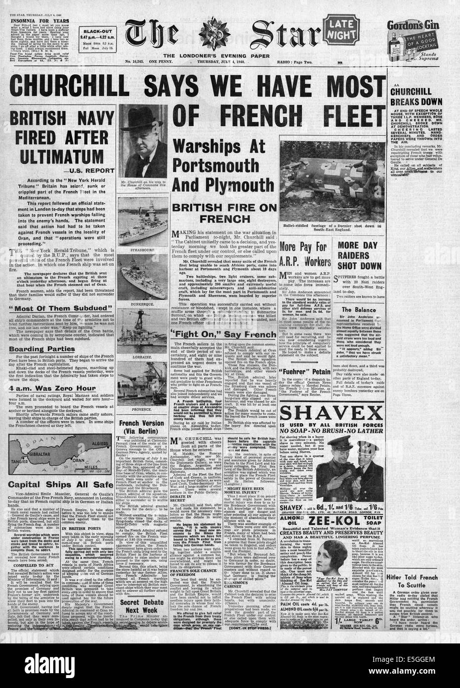 1940 L'Étoile (Londres) page de la marine française attaqué par des rapports de la Marine royale à Oran (Mers-el-Kebir) Banque D'Images