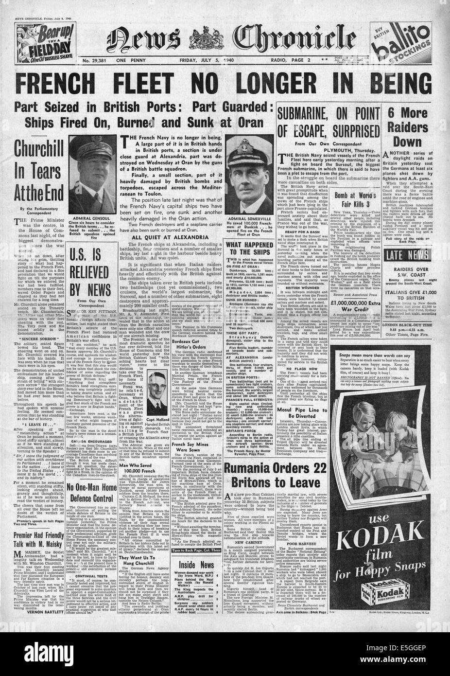 1940 News Chronicle page avant de la marine française attaqué par des rapports de la Marine royale à Oran (Mers-el-Kebir) Banque D'Images