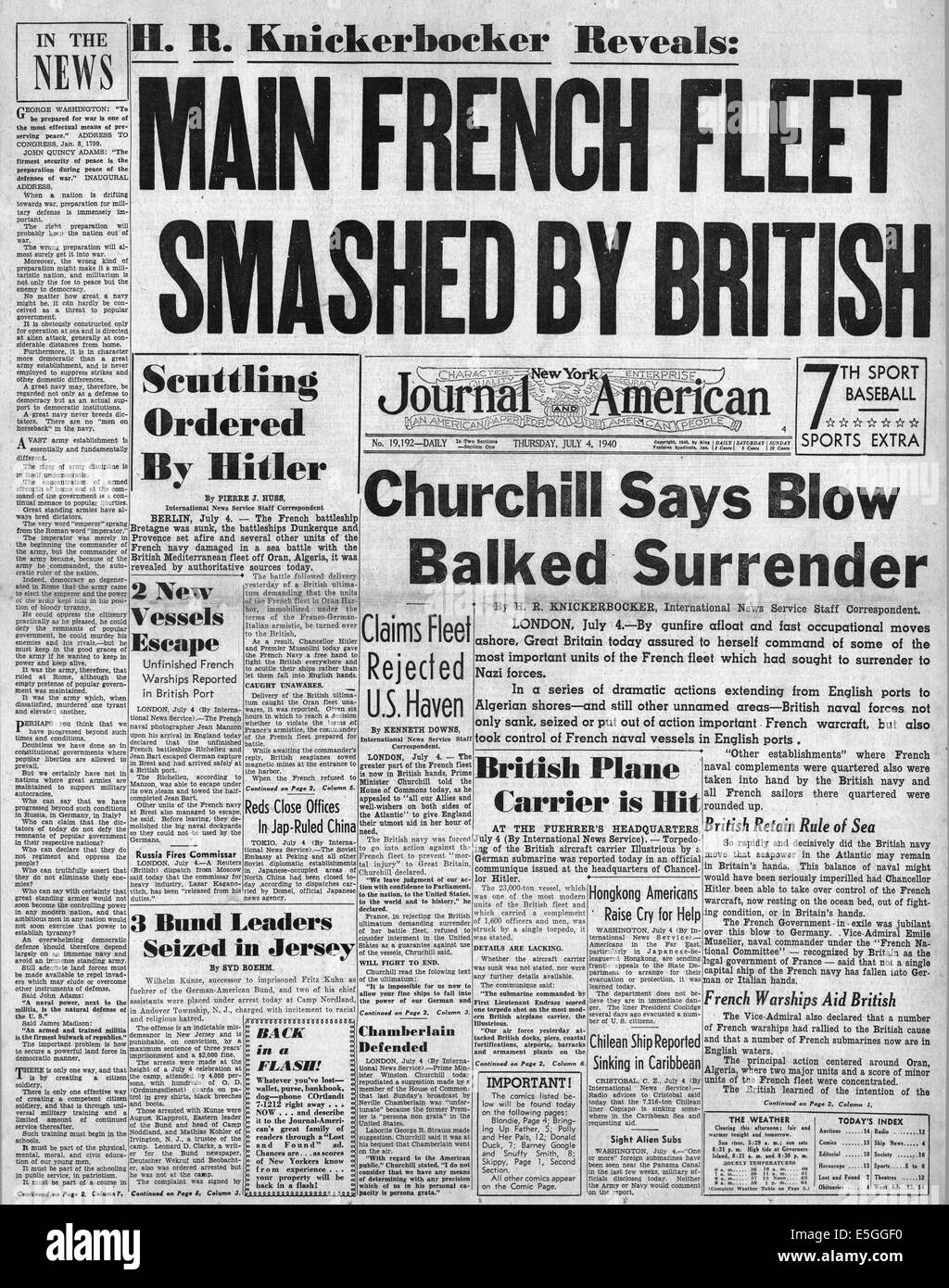 1940 New York Journal-American page avant de la marine française attaqué par des rapports de la Marine royale à Oran (Mers-el-Kebir) Banque D'Images
