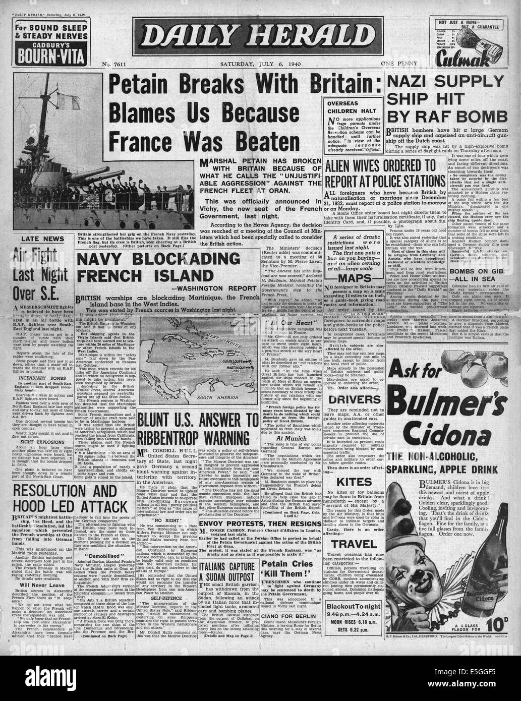 1940 Daily Herald/la page déclaration Marine française attaquée par Royal Navy à Oran (Mers-el-Kebir) Banque D'Images