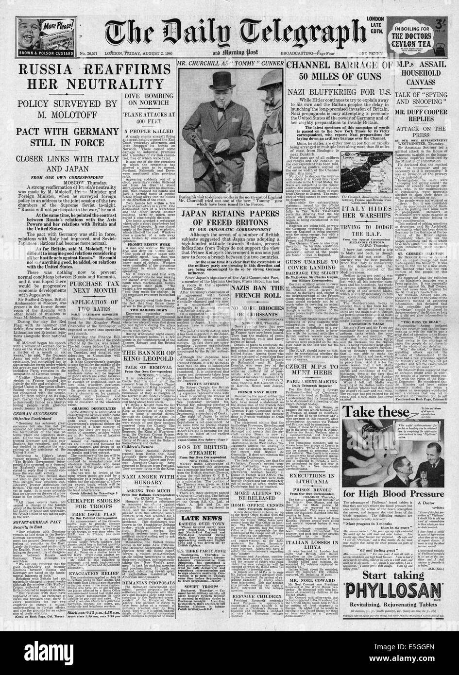 1940 Daily Telegraph/la page déclaration de la Russie soviétique réaffirme sa neutralité et pacte avec l'Allemagne reamains en vigueur Banque D'Images