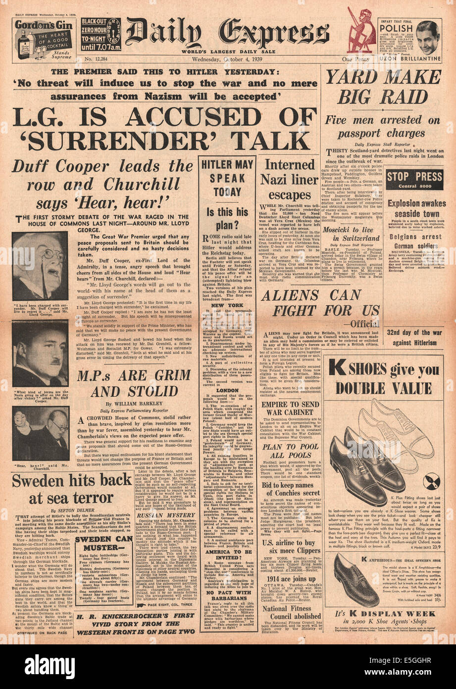 1939 Daily Express/la page déclaration critique de David Lloyd George discours à des propositions de paix Banque D'Images