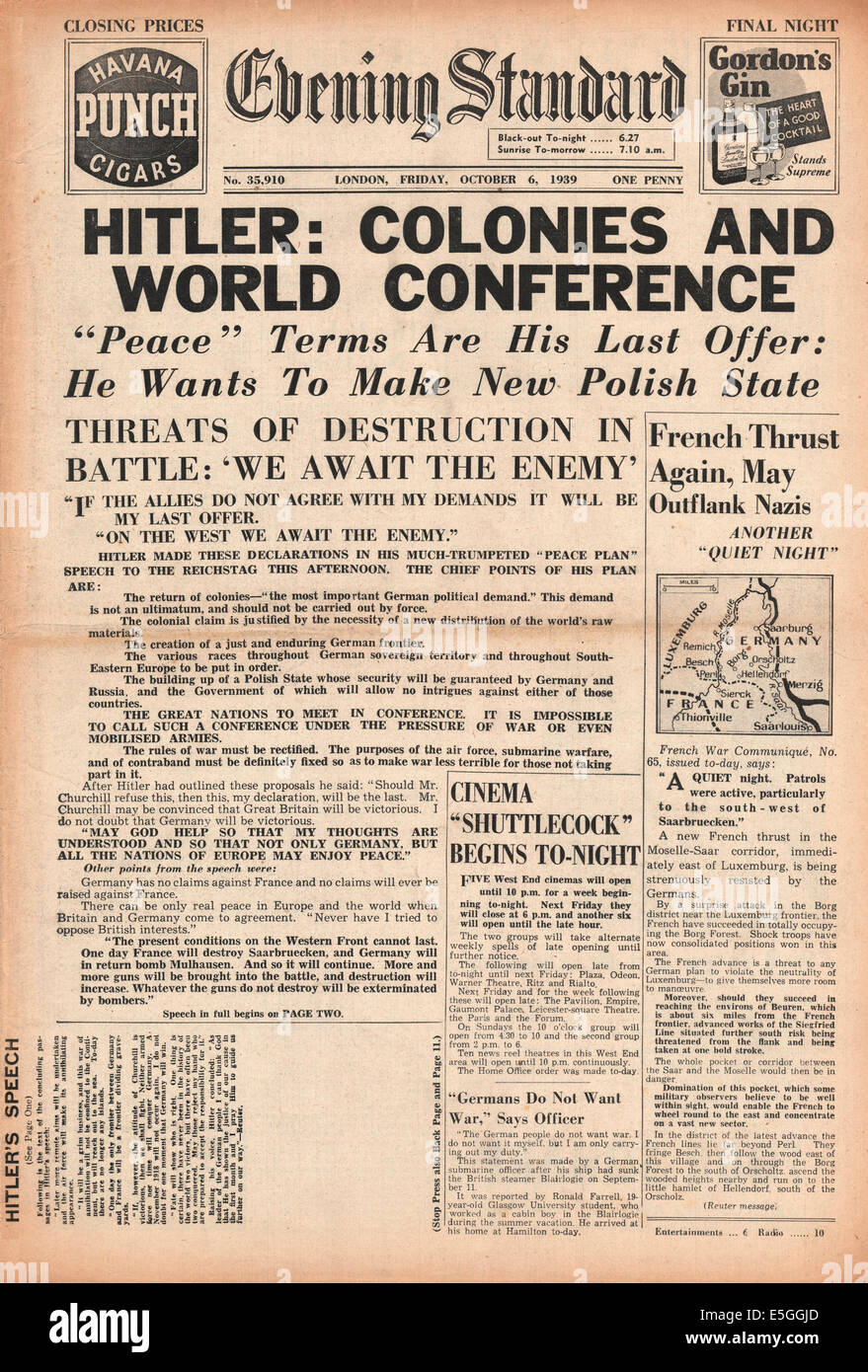 1939 Evening Standard (Londres) la page déclaration avant le discours d'Adolf Hitler et des propositions de paix Banque D'Images