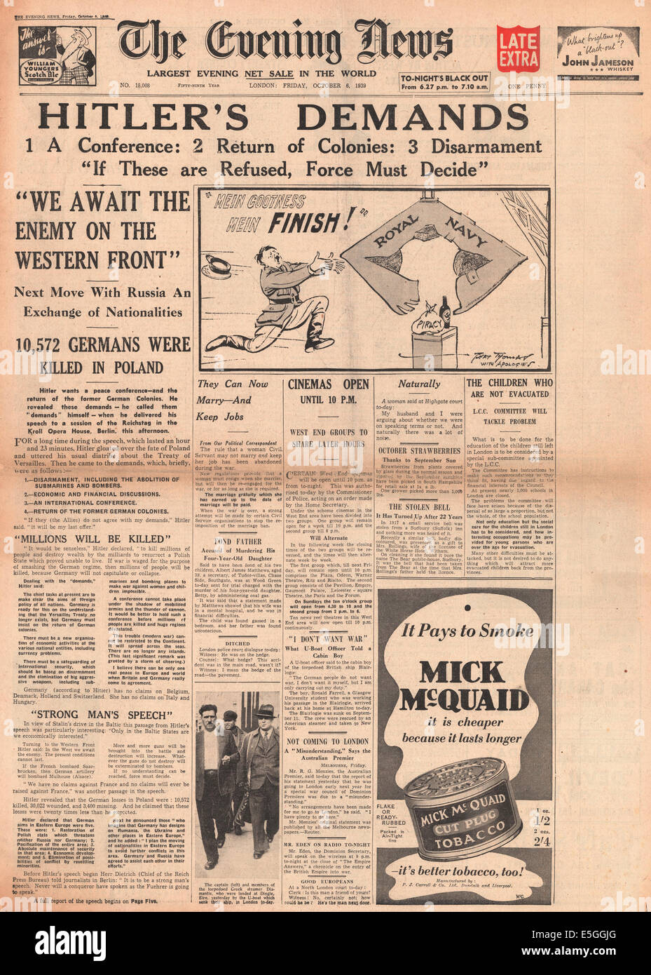 1939 Evening News front page du discours d'Adolf Hitler de rapports et propositions de paix Banque D'Images