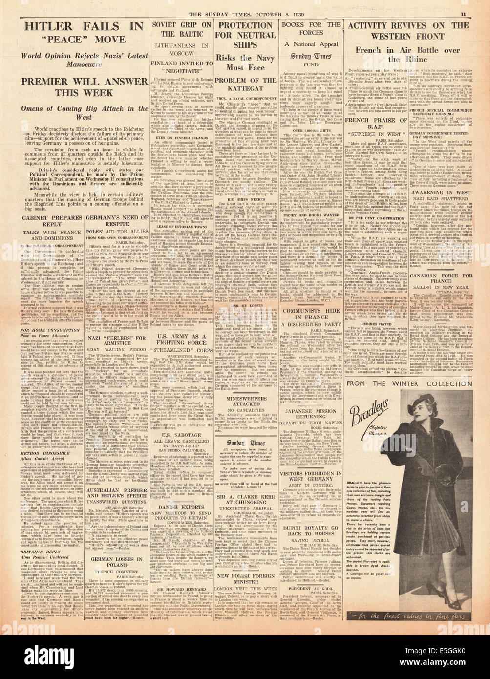 1939 Sunday Times page 11 les gouvernements britanniques rapports réponse au discours de paix d'Adolf Hitler Banque D'Images