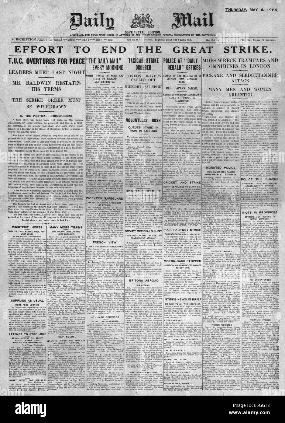 1926 Daily Mail/la page déclaration de la Grève Générale Banque D'Images