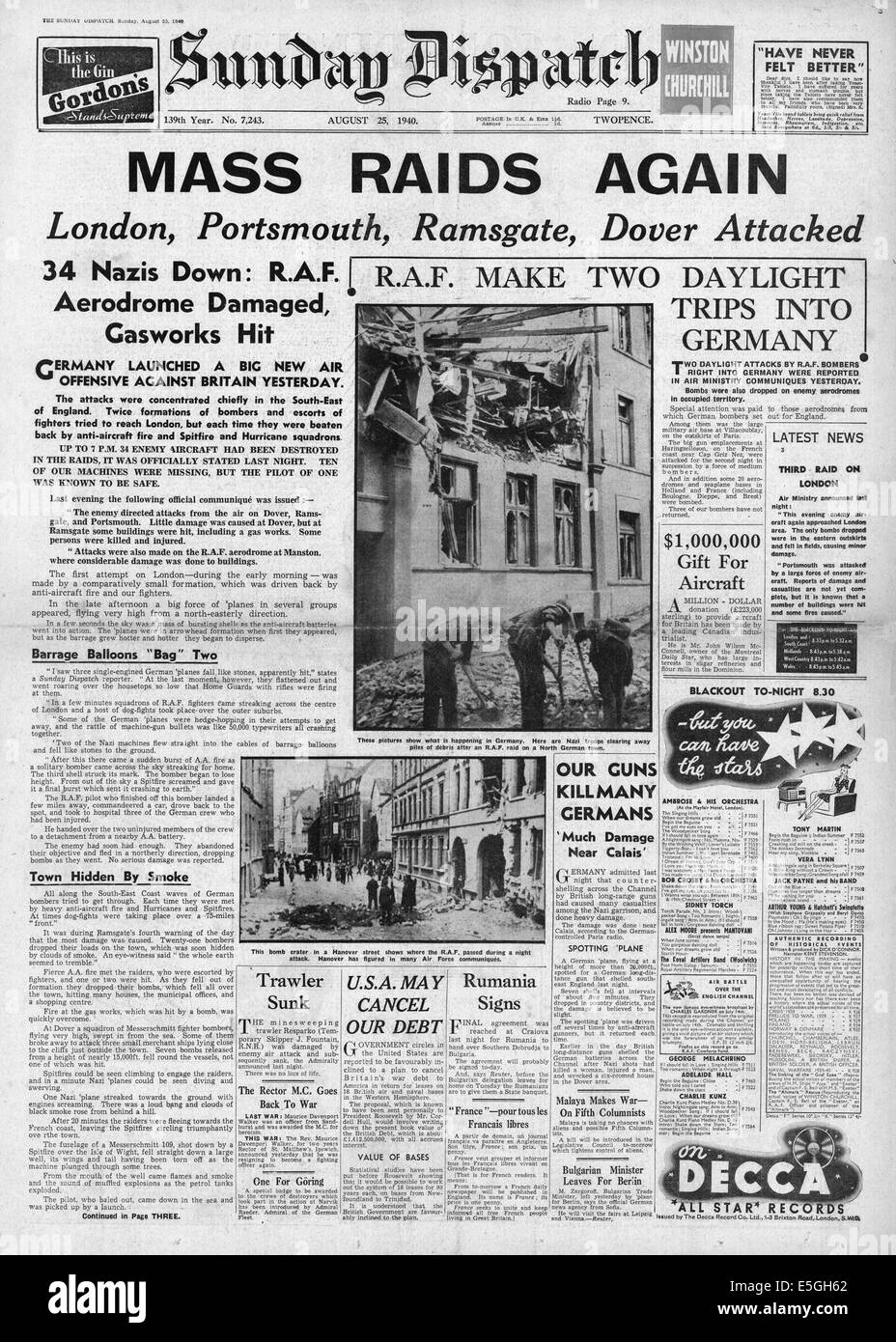 1940 dimanche avant envoi la page Déclaration des raids de bombardement de la Luftwaffe en Angleterre du Sud-Est Banque D'Images