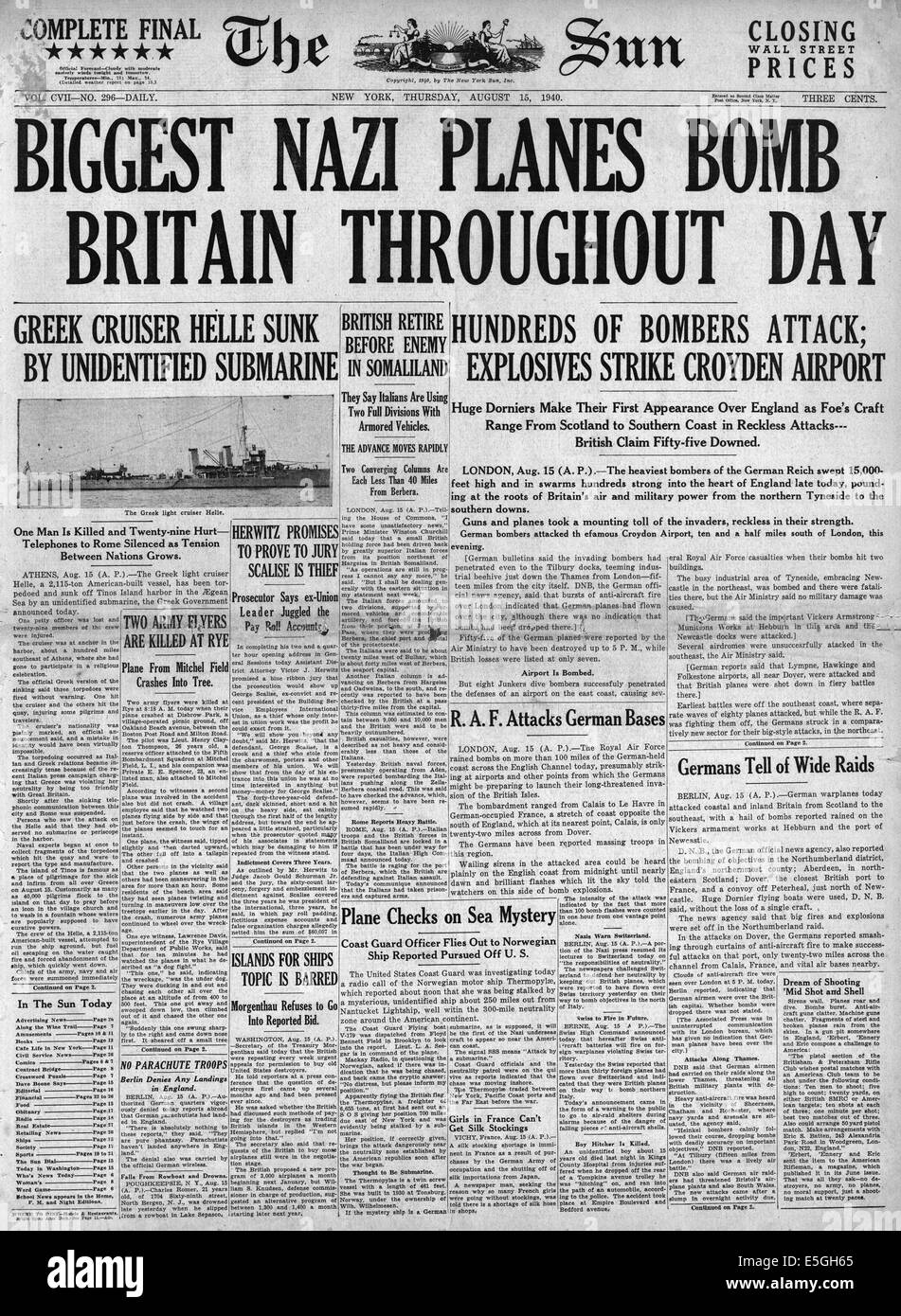 1940 Le Soleil (New York) la page déclaration avant les bombardements de la Luftwaffe sur Londres et le sud-est de l'Angleterre Banque D'Images