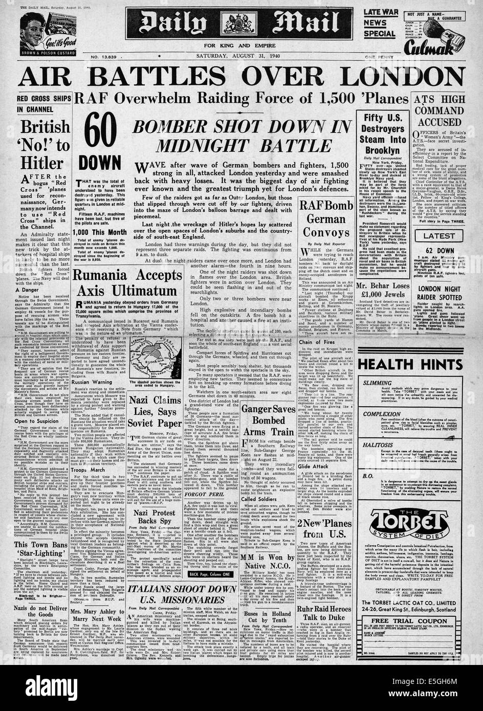 1940 Daily Mail/la page déclaration bombardement de la Luftwaffe sur Londres Banque D'Images