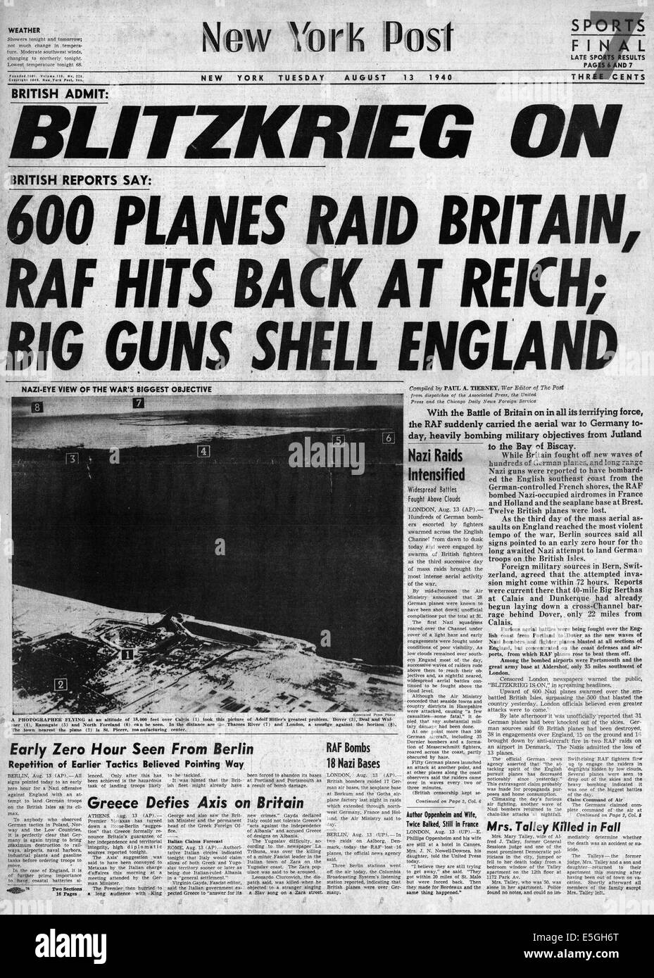 1940 New York Post/la page Déclaration sur la Grande-Bretagne et raids de la Luftwaffe RAF des raids sur l'Allemagne et l'Europe de l'Ouest occupée Banque D'Images