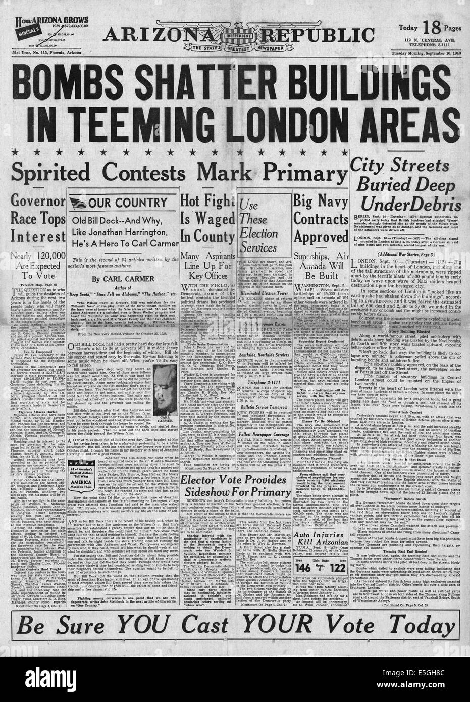 1940 Arizona Republic/la page déclaration Luftwaffe raid contre Londres Banque D'Images