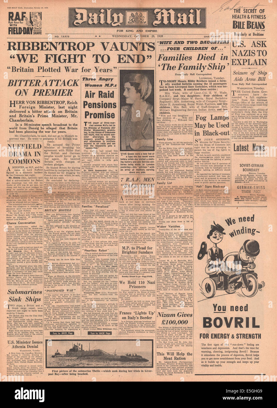 1939 Daily Mail/la page déclaration le Ministre allemand des affaires étrangères Joachim von Ribbentrop, attaques contre la Grande-Bretagne dans un discours prononcé à Danzig Banque D'Images