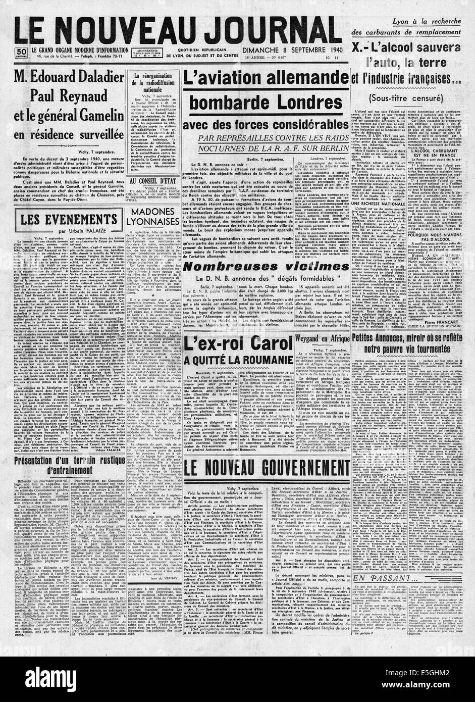 1940 : Le Nouveau Journal (France) front page reporting Luftwaffe raid contre Londres Banque D'Images