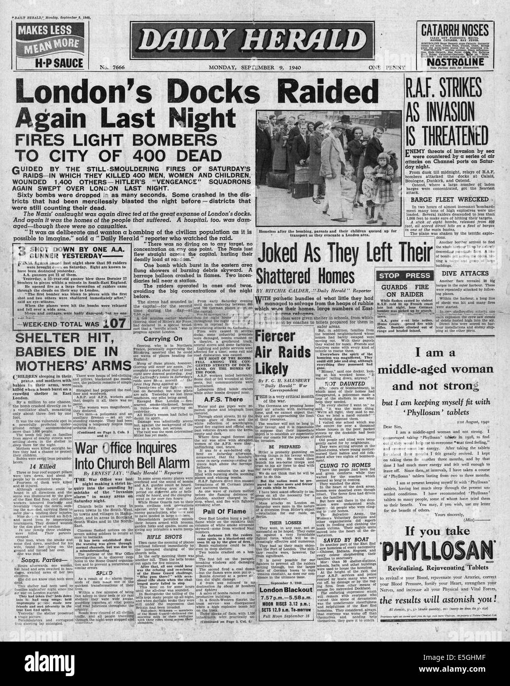 1940 Daily Herald/la page déclaration Luftwaffe raid contre Londres Banque D'Images