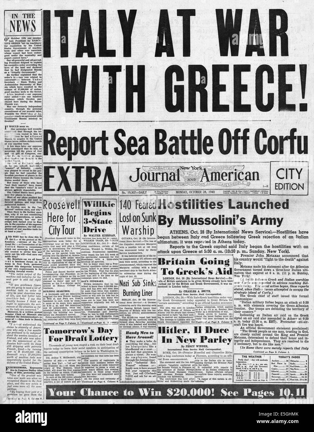 1940 New York Journal-American rapports page avant l'Italie en guerre avec la Grèce Banque D'Images