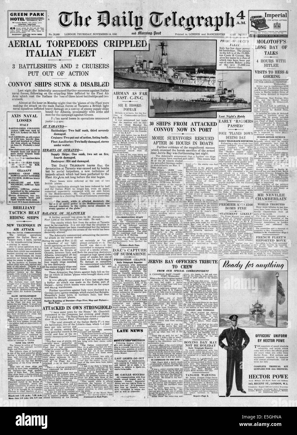 1940 Daily Telegraph rapports page avant les avions britanniques de la Fleet Air Arm de guerre italien attaque à Taranto Banque D'Images