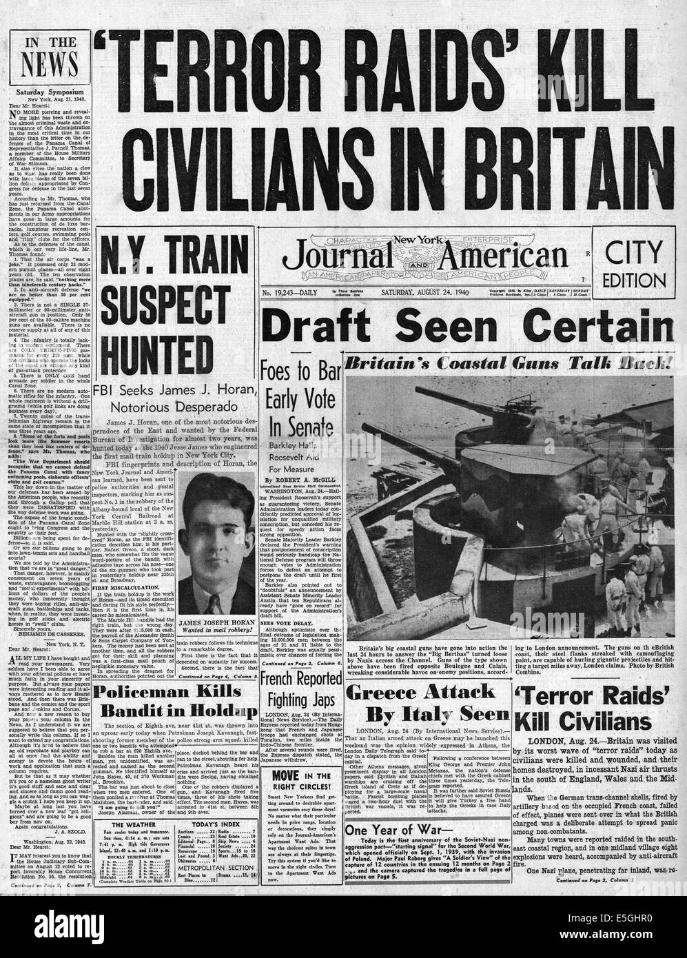 1940 New York Journal American front page les bombardements de la Luftwaffe dans tout le sud-est de l'Angleterre Banque D'Images