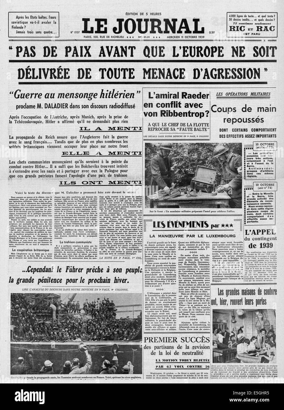 1939 Le Journal (France) front page M. Deladier rapports discours ''pas de paix jusqu'à ce que l'Europe à l'abri de la menace d'agression Banque D'Images