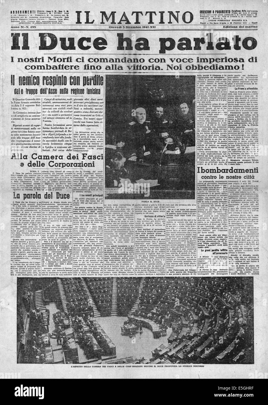 1942 il Mattino (Italien)/la page déclaration discours de Mussolini à parlement italien, sous le titre "Le chef a Soken' Banque D'Images