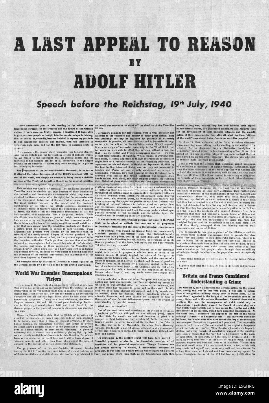 Brochure 1940 a chuté de plus de la Luftwaffe Londres avec traduction de Hitler's Reichstag discours 'un dernier appel à la raison' Banque D'Images