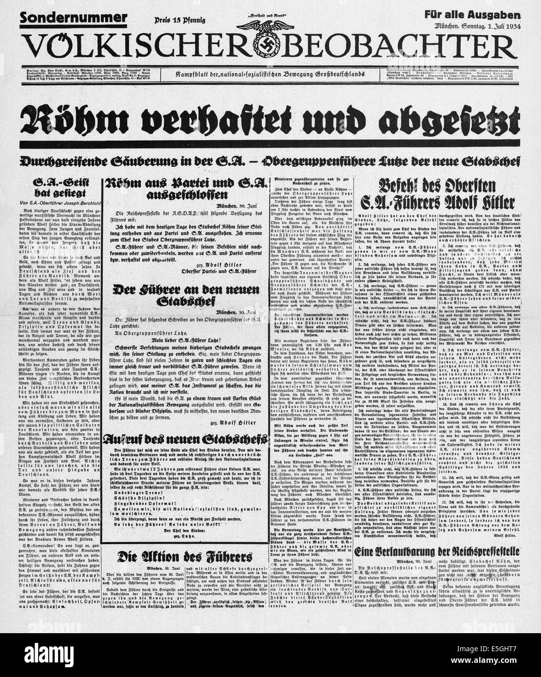 1938 Völkischer Beobachter (Allemagne)/la page déclaration S.A. chef Ernst Röhm arrêté et rejeté Banque D'Images