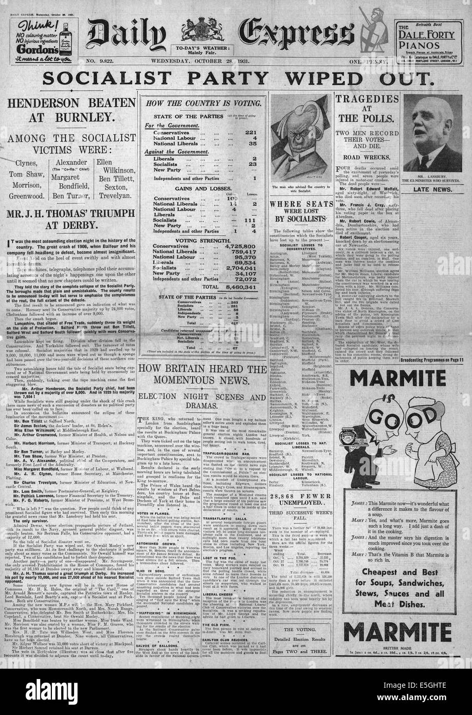 1931 Daily Express/la page déclaration Ramsay MacDonald's Conservateur gagne les élections générales Banque D'Images