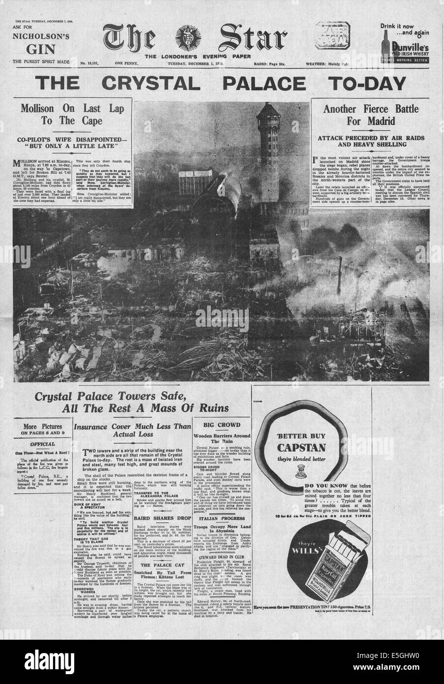 1936 L'Étoile (Londres) page de la déclaration d'incendie de Crystal Palace Banque D'Images