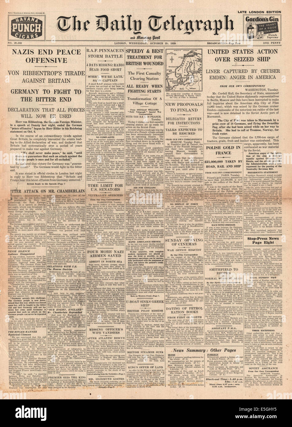1939 Daily Telegraph/la page déclaration le Ministre allemand des affaires étrangères Joachim von Ribbentrop, attaques contre la Grande-Bretagne dans un discours prononcé à Danzig et saisie de cargo nous Ville de Flint Banque D'Images