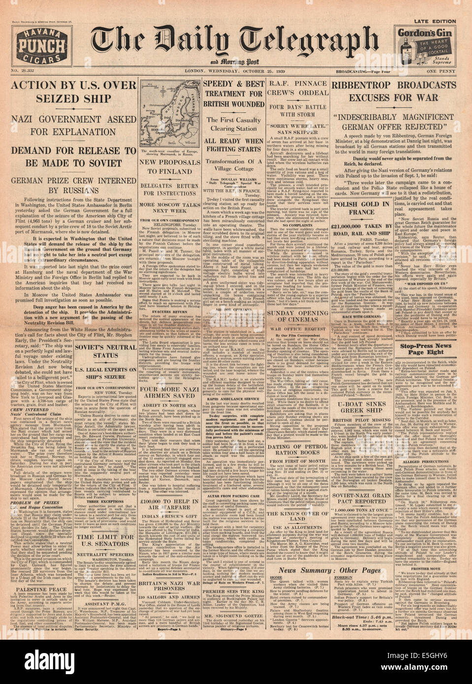 1939 Daily Telegraph/la page déclaration le Ministre allemand des affaires étrangères Joachim von Ribbentrop, attaques contre la Grande-Bretagne dans un discours prononcé à Danzig et saisie de cargo nous Ville de Flint Banque D'Images