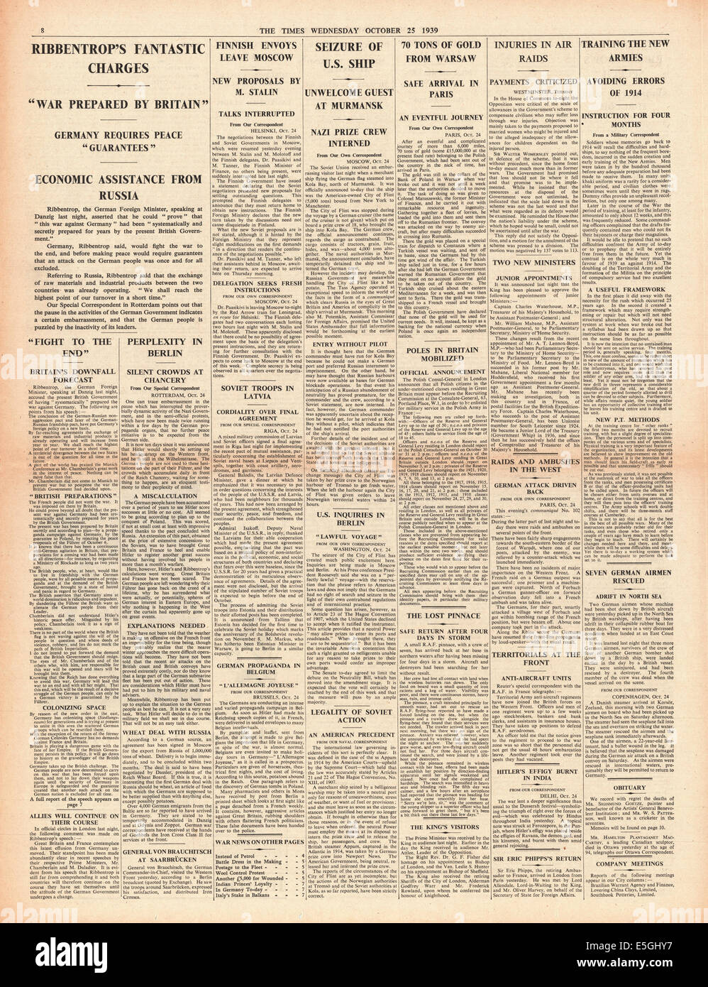 1939 fois la page 8 présentation de rapports Le ministre allemand des affaires étrangères Joachim von Ribbentrop, attaques contre la Grande-Bretagne dans un discours prononcé à Danzig et saisie de navire nous Ville de Flint Banque D'Images