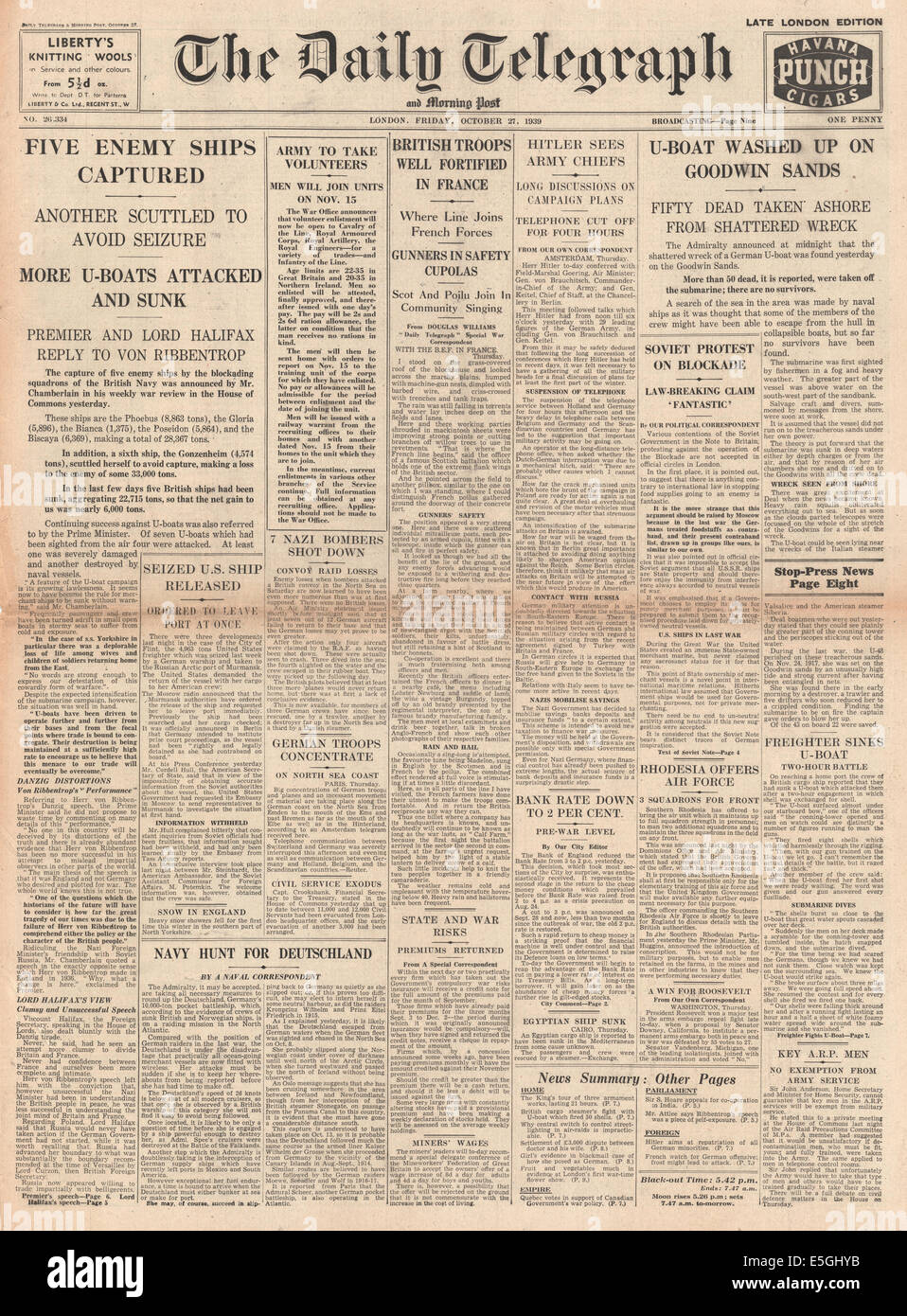 1939 Première page du Daily Telegraph britannique rapport blocus maritime et Naval war news Banque D'Images