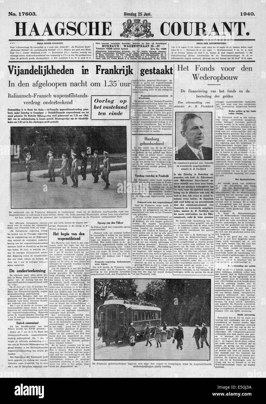 1940 Haagsche Courant (Pays-Bas) front page signalé la rétrocession de la France à l'Allemagne nazie à Compiègne Banque D'Images