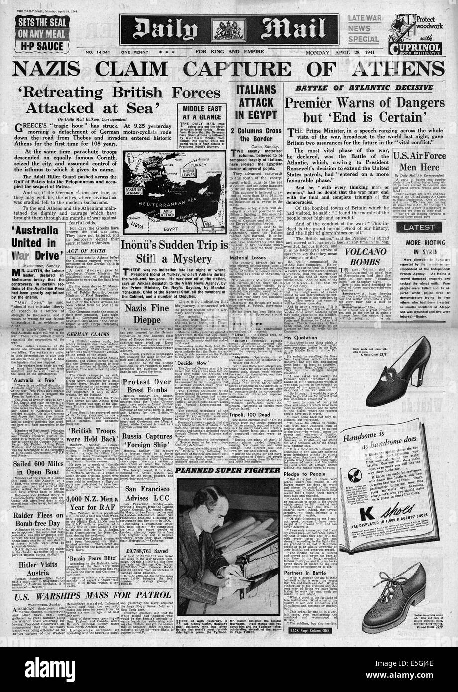 1941 Daily Mail capture de rapports d'Athènes par l'Allemagne nazie Banque D'Images