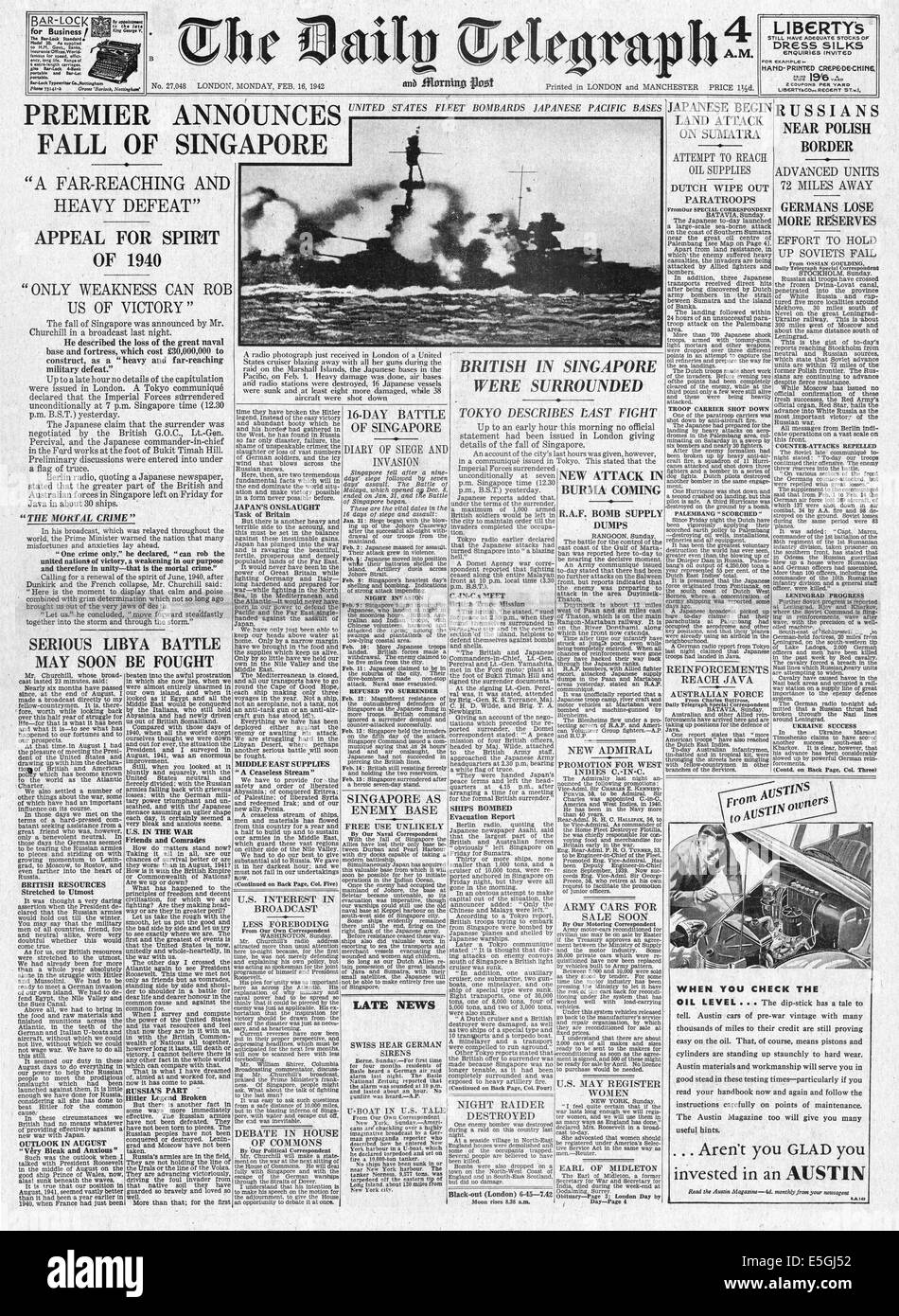 1942 Daily Telegraph rapports page avant la chute de Singapour à l'armée japonaise Banque D'Images