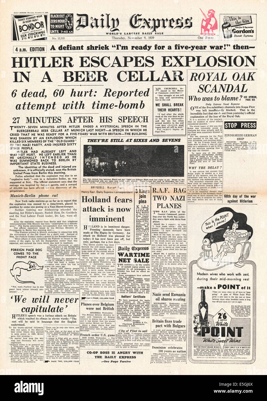 1939 Daily Express/la page déclaration tentative d'assassinat sur Adolf Hitler à la Bürgerbräukeller de Munich par Johann Georg Elser Banque D'Images